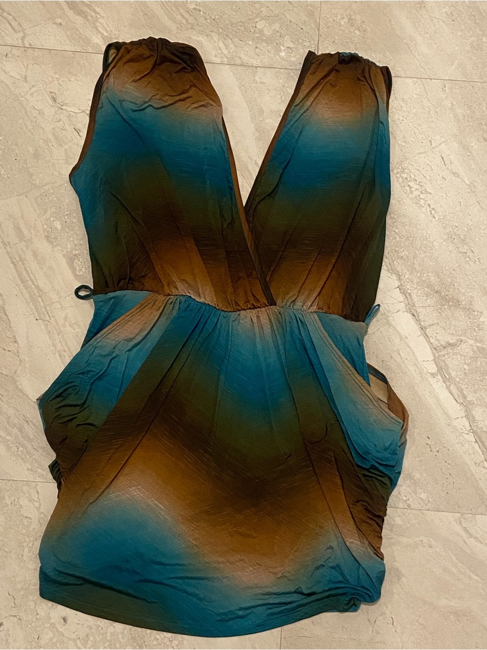 Women’s Teal and Brown Mini Dress - V-Neck Casual